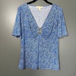 Michael Kors Women's Blue Swirl Y2K Buckle Accent Top - Medium - Empire Waist